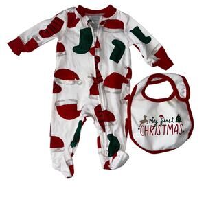Carter’s My First Christmas 2-Piece Set – Footed Sleeper & Bib | Size 0-3M